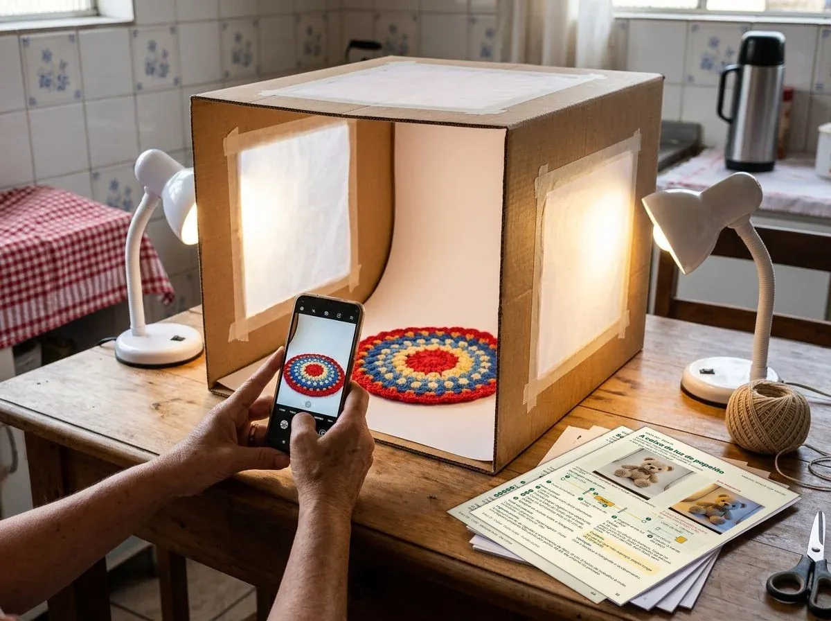Caixa de luz de papelão com janelas laterais cobertas de papel branco, luminárias dos dois lados e mãos fotografando um tapete de crochê com o celular