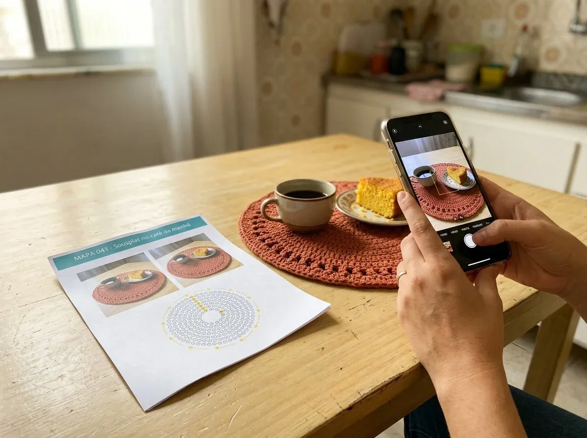 Mapa 041 impresso na mesa enquanto as mãos fotografam um sousplat de crochê com uma xícara de café